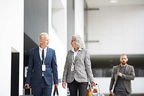 Content senior multi-ethnic business representatives with badges hanging on necks carrying bags and talking while going for boarding