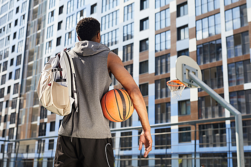 Back view portrait of African-American man holding basketball in outdoor sports court, copy space