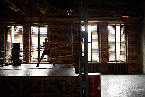 Dramatic wide angle view at boxing club with female boxer practicing in ring, copy space