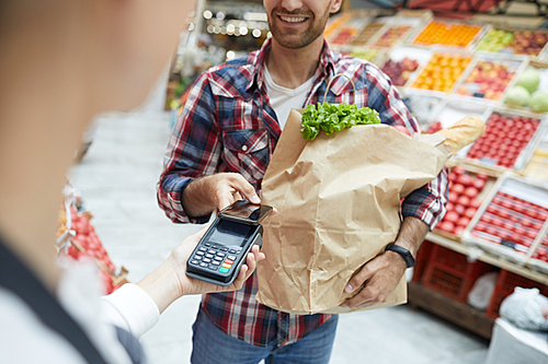 Mid section portrait of smiling man paying via smartphone at farmers market, copy space