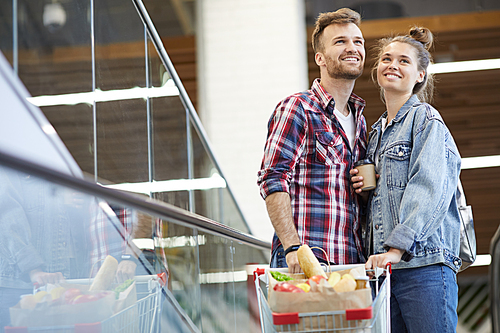 Portrait of contemporary young couple riding escalator in mall and pushing shopping cart with groceries , copy space