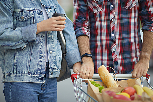Mid-section portrait of contemporary young couple pushing shopping cart with groceries in parking lot, copy space