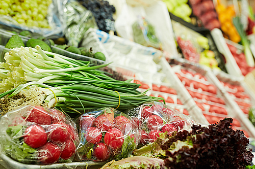 Background image of various vegetables on stand in farmers market, onion, radish and greens in focus, copy space