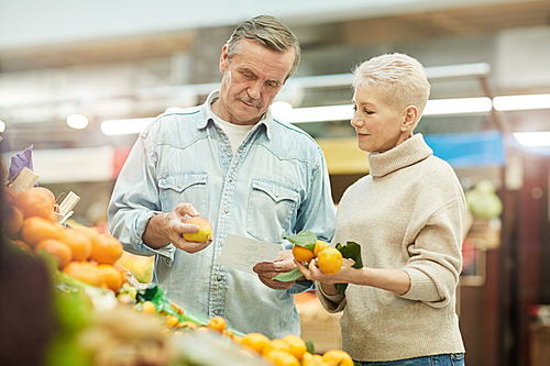 Portrait of modern senior couple choosing citrus fruits while grocery shopping at local farmers market, copy space