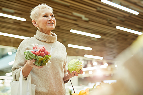 Waist up portrait of smiling senior woman choosing fresh vegetables while grocery shopping at farmers market, copy space
