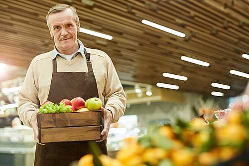 Waist up portrait of smiling senior man holding box of apples while selling fruits and vegetables at farmers market, copy space