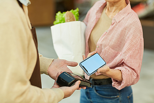 Closeup of modern woman paying via NFC while grocery shopping at farmers market, copy space