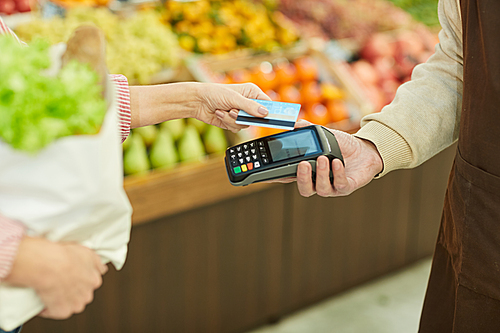 Closeup of unrecognizable woman paying via NFC while grocery shopping at farmers market, copy space