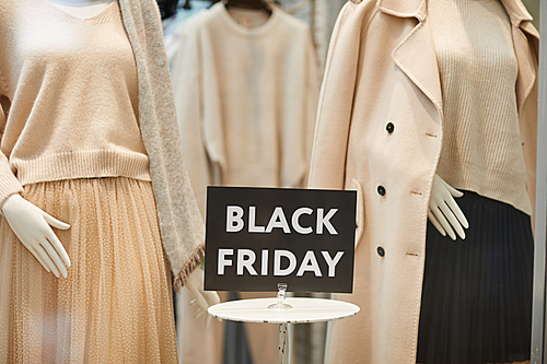 Close up of Black Friday sale sign on window display with autumn clothes in shopping mall, copy space
