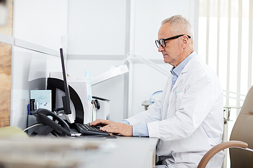 Side view portrait of senior doctor using computer sitting at desk in office of modern clinic, copy space