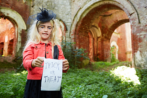 Portrait of cute little girl  and holding Trick or Treat banner on Halloween , copy space
