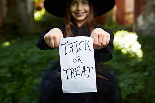 Closeup of cute little witch smiling at camera and holding Trick or Treat banner on Halloween , copy space