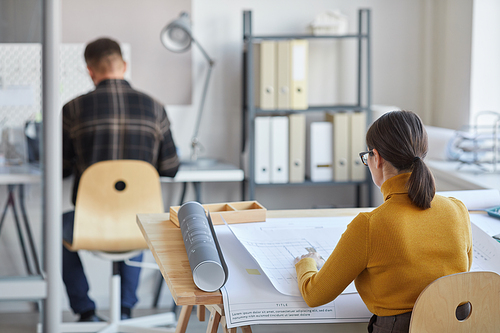 Back view portrait of female architect drawing blueprints while sitting by desk and working in office, copy space