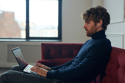 Side view portrait of handsome bearded man using laptop while sitting on velvet sofa in modern cafe interior, copy space