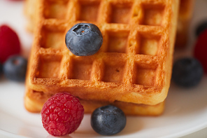 Extreme close up of fresh berries over sweet dessert waffle background, copy space