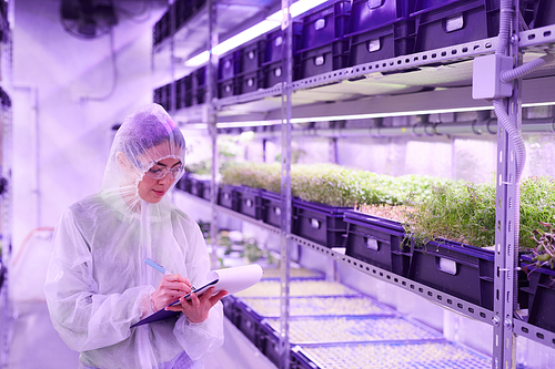 Waist up portrait of female agricultural engineer writing on clipboard while standing between shelves in plant  greenhouse lit by blue light, copy space