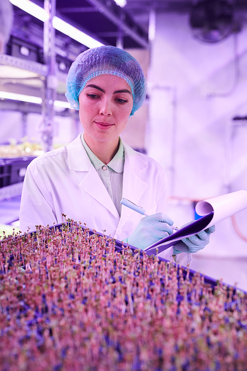 Portrait of young female worker examining new sprouts on tray in  greenhouse, copy space