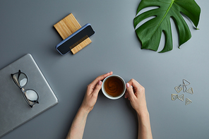 Above view flat lay of female hands holding coffee cup over grey workplace background with business gadgets and tropical leaf, copy space