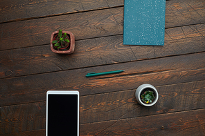 Minimal background image of smartphone and business accessories on textured wooden desk, top view, copy space