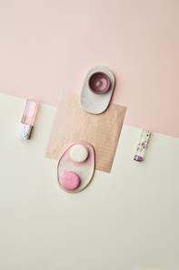 Minimal background image of pink pastel-colored objects in graphic composition, copy space