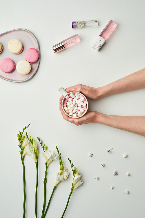 Minimal background composition of female hands holding cup of sweet cocoa over while table background with floral decor and pink accents, copy space