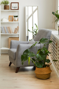 Vertical background image of comfy grey armchair in cozy nook of modern Scandinavian home decorated with plants, copy space