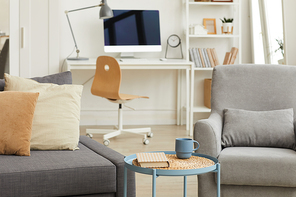 Detail image of cozy apartment interior in modern home with focus on grey living room furniture in foreground, copy space