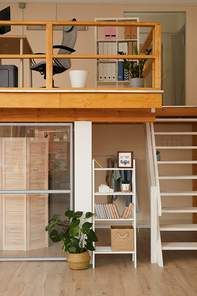 Vertical background image of homey two level apartment interior with workplace on top level, copy space