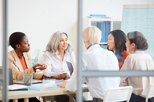 Portrait of diverse female business team discussing project while sitting at table during meeting in conference room, shot from behind glass wall