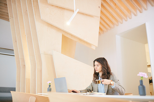 Wide angle portrait of pretty young woman working with laptop while sitting at desk in design interior, copy space