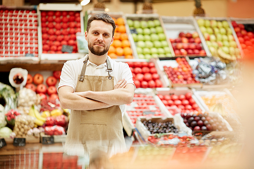 waist up portrait of bearded man wearing apron standing by fruit and  stand at farmers market and , copy space