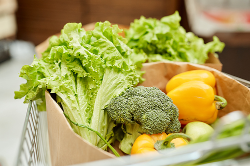 Close up of fresh organic greens and vegetables in paper bag stacked inside shopping cart in supermarket, healthy food and grocery shopping concept, copy space