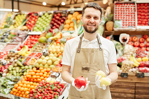 waist up portrait of bearded man wearing apron and smiling at camera while selling fresh fruit and  at farmers market, copy space