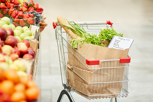 Background image of shopping cart with fresh groceries in supermarket, copy space, no people