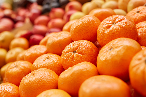Background image of fresh ripe tangerines ready for sale at stand in farmers market, copy space