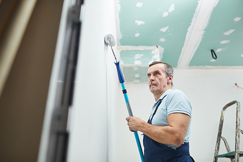 Low angle portrait of senior construction worker painting wall while renovating house, copy space