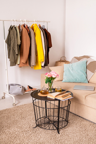 Row of casual clothes hanging on rack along wall by comfortable couch with cushions and small table with book, roses and herbal tea