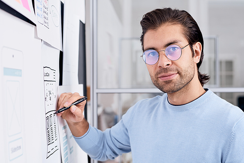 Portrait of handsome UI designer in round glasses drawing app scheme on planning board in office