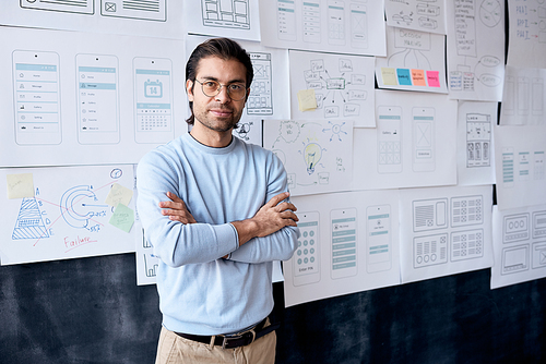 Portrait of content confident middle-aged man with stubble standing with crossed arms against task board in UI design office