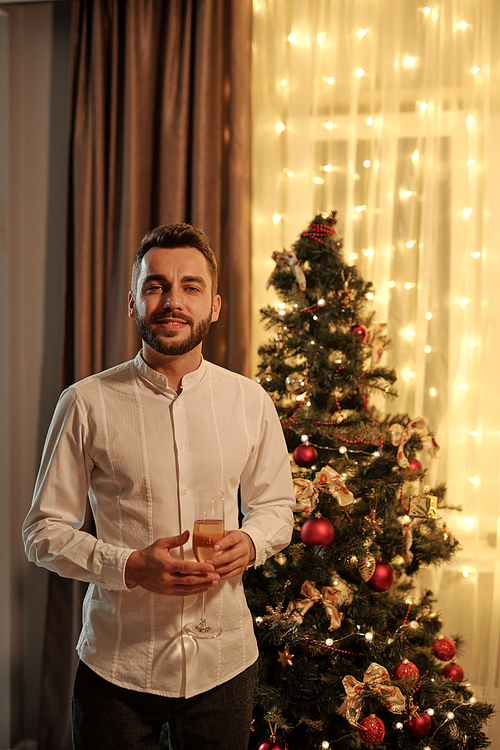 Happy young bearded man in white shirt holding flute of champagne while standing against decorated Christmas tree during home celebration