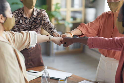 Cropped portrait at female business team huddling and bumping fists while celebrating success at meeting, copy space