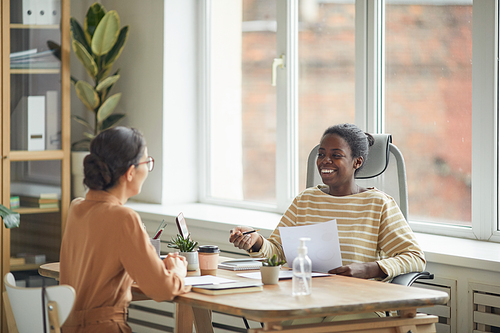 Portrait of smiling African-American woman talking to young woman across table during job interview in office, copy space