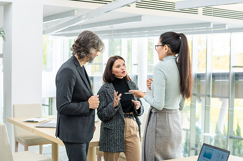 Two young intercultural businesswomen in smart casualwear and their mature male colleague discussing new ideas and strategies in office