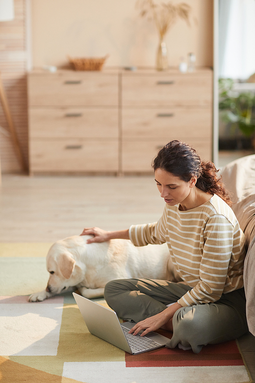 Vertical warm toned portrait of modern young woman using laptop while sitting on floor and petting dog in cozy home interior