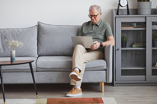Full length portrait of modern senior man using laptop at home while sitting on couch in minimal interior, copy space