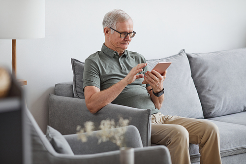 Side view portrait of modern senior man using digital tablet at home while sitting on couch in minimal interior, copy space
