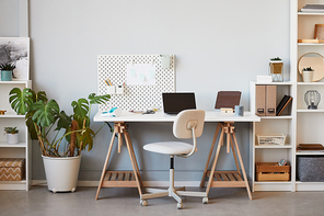 Background image of cozy home office workplace in white decorated by plants, copy space