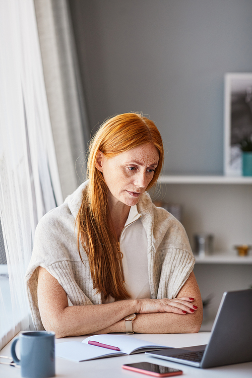 Vertical portrait of elegant red haired woman using laptop while working at home office