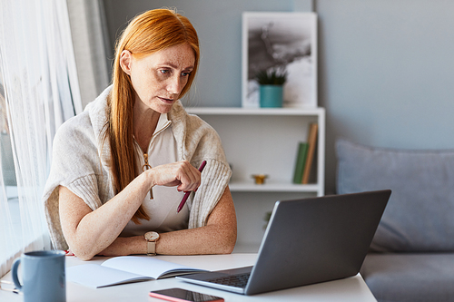 Portrait of adult red haired woman using laptop while working at home office, copy space