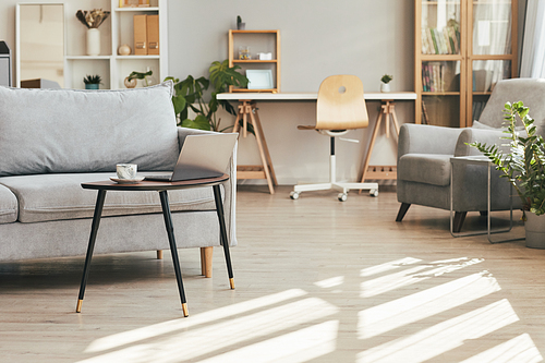 Background image of cozy home interior lit by sunlight with focus on comfortable couch, copy space